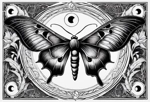 luna moth anatomically correct with moon phases arched under the moth, and the words "carpe noctem" above it in sans serif font tattoo idea