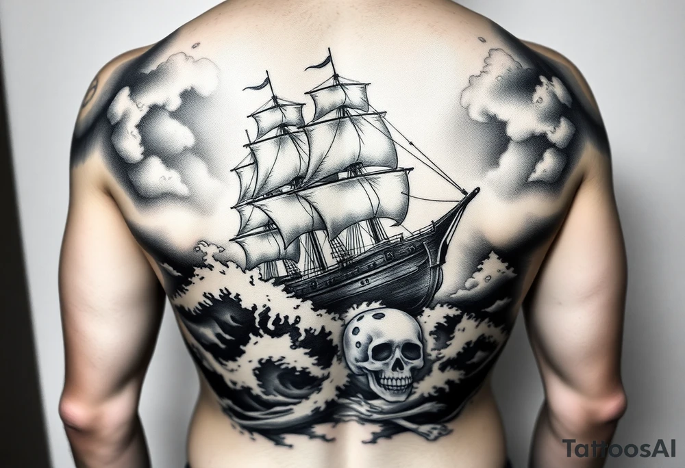 Ultra-detailed tattoo design, hyper-realistic black and grey, ghostly pirate ship emerging from stormy waves, giant skull fading into the sea foam, dramatic lighting, high contrast shading, stencil-ready, full sleeve composition, no background clutter, smooth gradient transitions. tattoo idea
