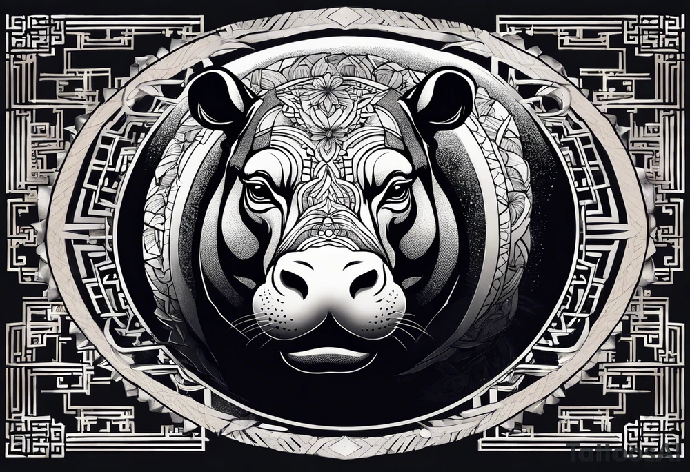 Very asymmetrical, +geometric pattern, with realistic full moon, with serious looking hippo, +zen feel, + Buddhism touch, +tribal, +geometric, +chinese inkart 
with wintersweet flower bud, +portrait orientation, +inkart touch, tattoo idea