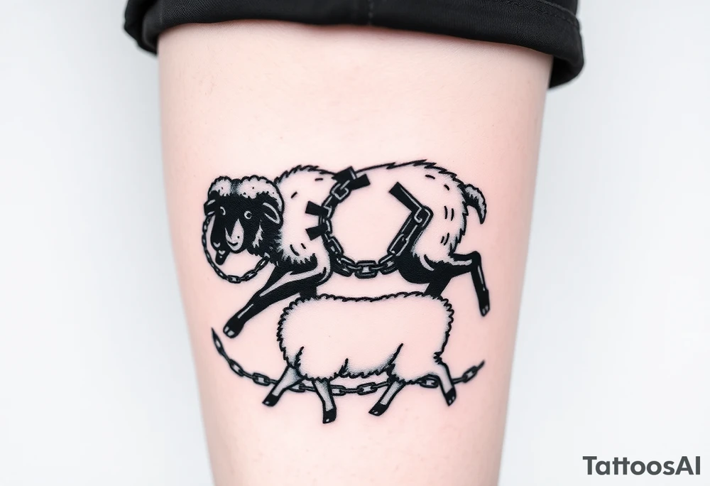 Black sheep with muscles breaking out of chains 
Calf tattoos walking over white sheep tattoo idea