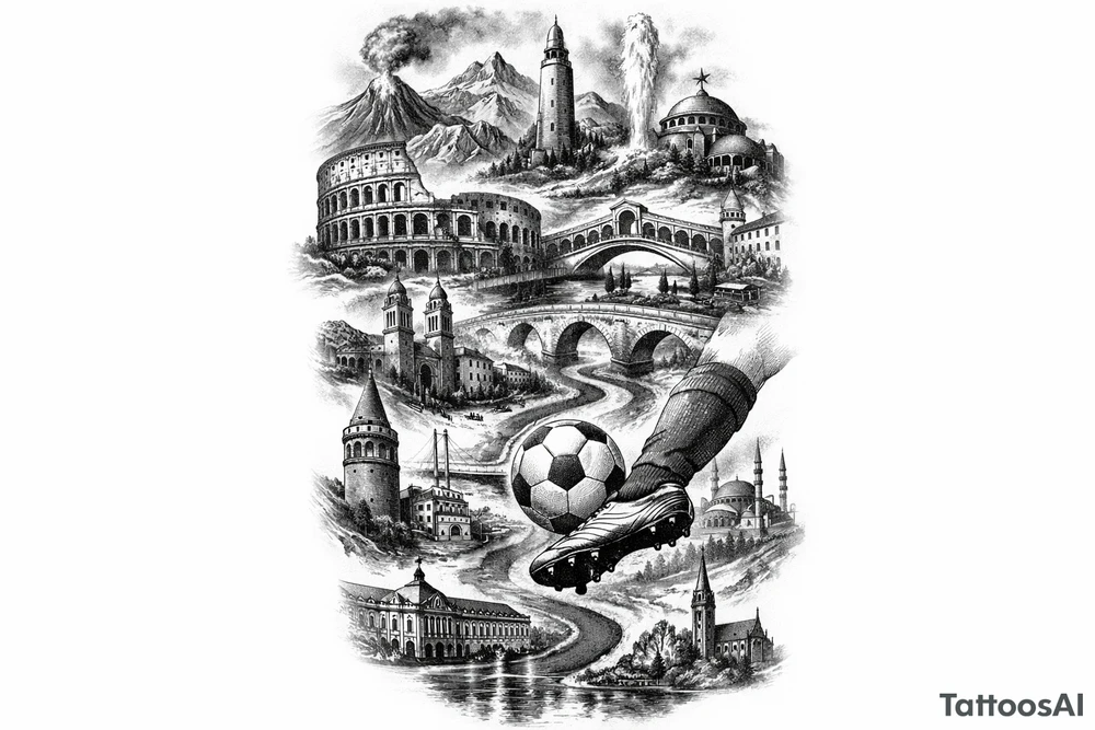 Iceland x3 (sindri, ibv, stjarnan) Italy x2 (Verona, Sassuolo) Spain (Logrono) Turkey x2 (Fenerbahce, Besiktas) Hungary (Fradi) France (Bordeaux) Something to do with football journey, surreal style to fit on arm no crests just main attractions of each country tattoo idea