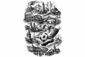 Iceland x3 (sindri, ibv, stjarnan) Italy x2 (Verona, Sassuolo) Spain (Logrono) Turkey x2 (Fenerbahce, Besiktas) Hungary (Fradi) France (Bordeaux) Something to do with football journey,  surreal style to fit on arm no crests just main attractions of each country tattoo idea
