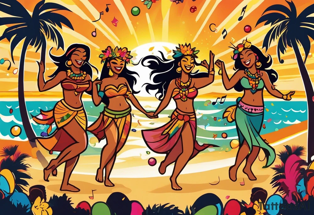 dancing tiki gods and hula girls on the left and right side of a beach party scene with confetti and music notes with a setting sun in the center of the image. the sun is the focal point with the characters only at the sides tattoo idea