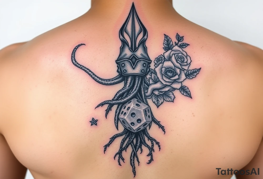 Gods hand, squid, knight with roses and tree roots rolling dice tattoo idea