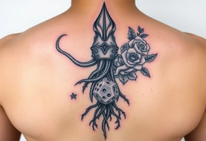 Gods hand, squid, knight with roses and tree roots rolling dice tattoo idea
