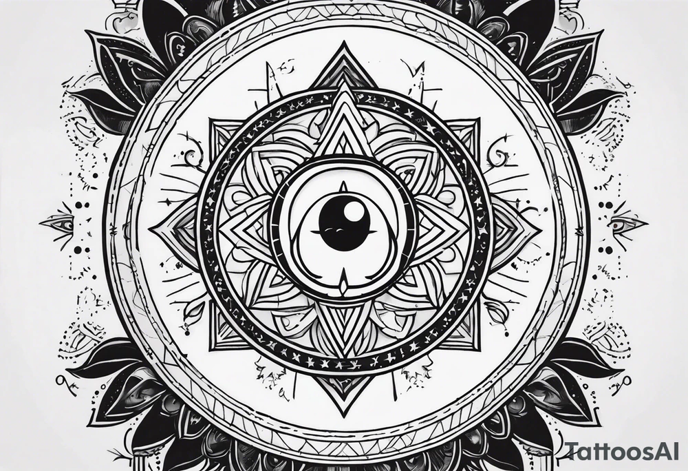 Hamsa with a third eye, a compass, tree of life, Jewish star and AA symbol tattoo idea