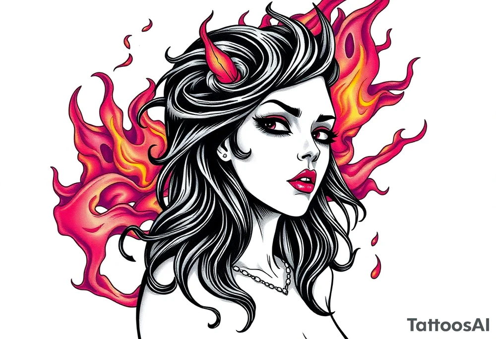 Evil young woman in the flame tattoo idea