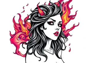 Evil young woman in the flame tattoo idea