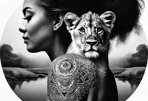 shoulder sleeve with lion and cub, landscape background tattoo idea