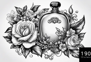 Pearl necklace wrapped around 1950s perfume bottle with flowers and bows surrounding tattoo idea