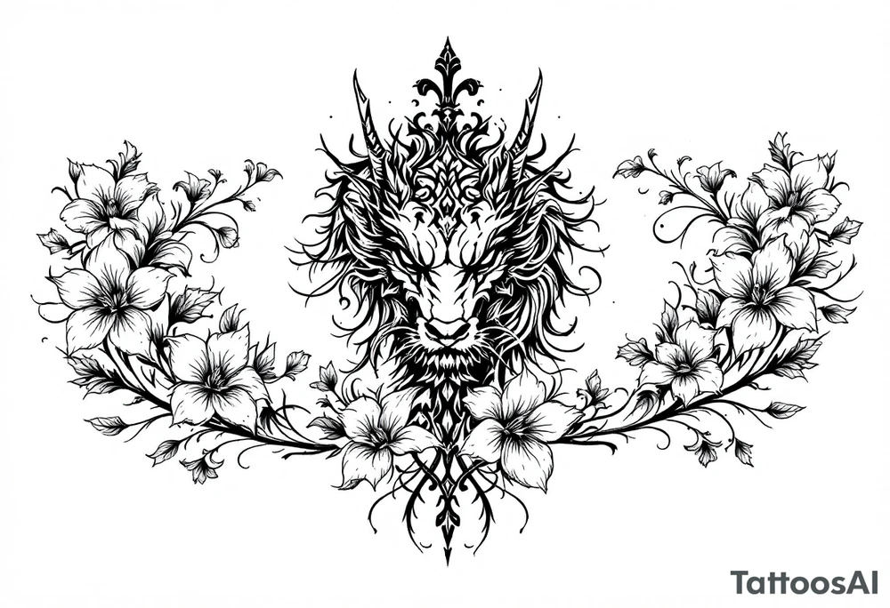 un dragon central entouré de fleurs de lys tattoo idea