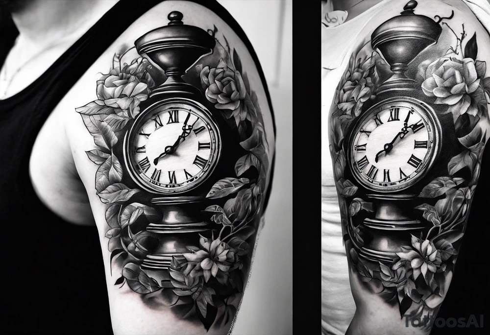 draw a clock/hourglass. They are surrounded by Roman numerals. It is a black and white tattoo for the right shoulder of a man tattoo idea