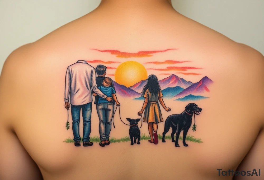 Family 2 parents, 1 baby boy, one 3-year girl and one black dog walking through the the sunset and mountains tattoo idea