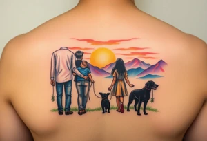 Family 2 parents, 1 baby boy, one 3-year girl and one black dog walking through the the sunset and mountains tattoo idea