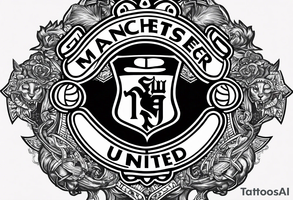 Manchester United, two cats, God, edm, all combined into one art. manchester united crest to be the focal point. Instead of the devil in the crest, add Cross tattoo idea