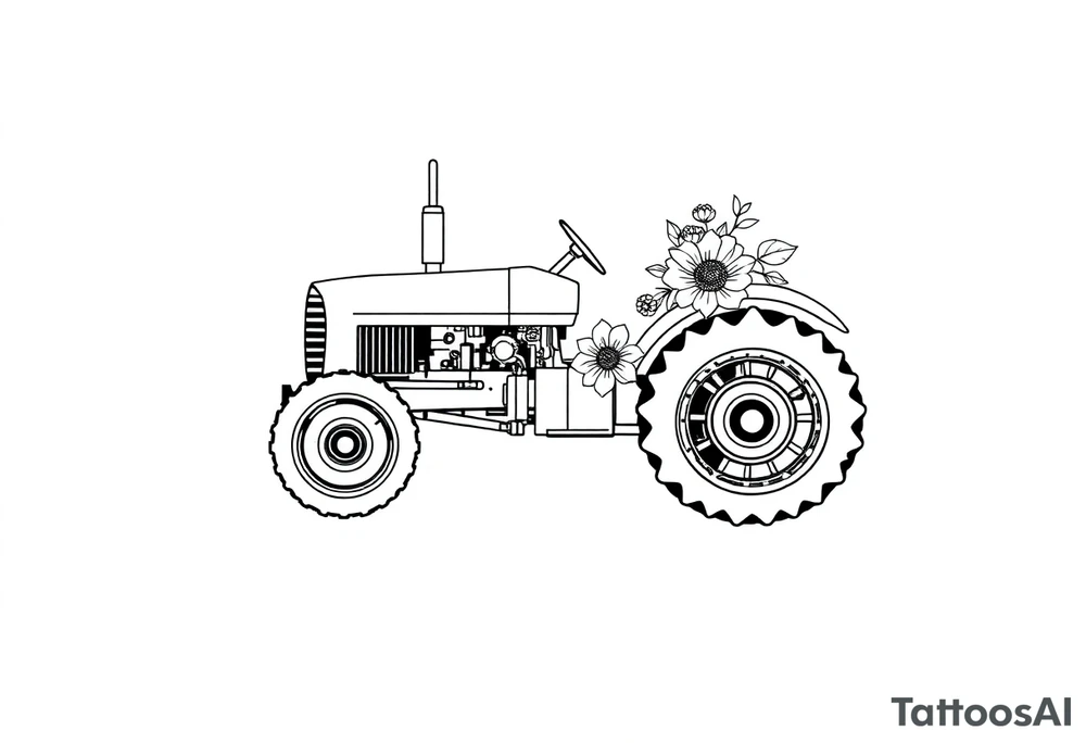 feminine tractor with flowers tattoo idea