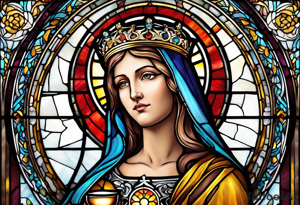 holy saint woman with halo stained glass holding a chalice tattoo idea