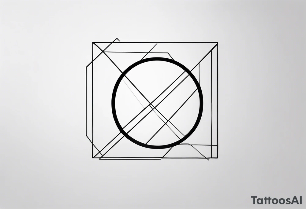 very minimalist tattoo. It should be long and narrow, to goo on an arm. It starts with one square with a dotted line coming out of it, connecting to two interlocked circles, with two lines coming out of them, then connecting to a triangle with multiple lines coming out of it. black and white. tattoo idea