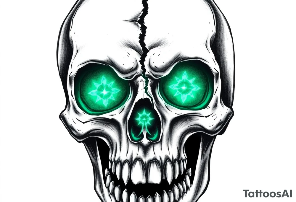 Close-up of a fractured skull with two luminous emerald eyes. tattoo idea