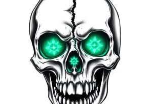 Close-up of a fractured skull with two luminous emerald eyes. tattoo idea