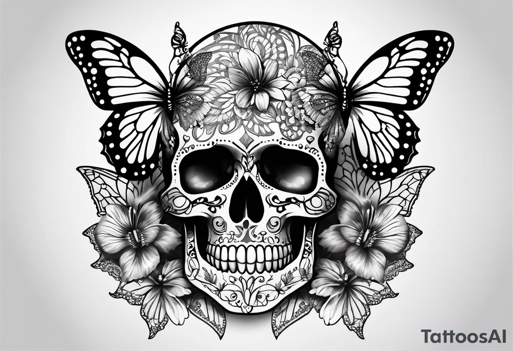 Lace-patterned skull with butterflies tattoo idea