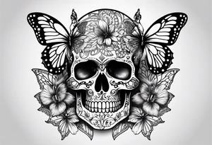 Lace-patterned skull with butterflies tattoo idea