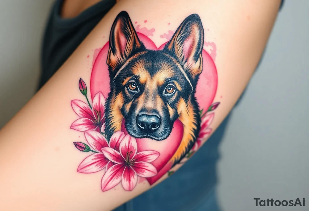 realistic german shepherd looking protective with pink lilies in front of a sacred heart tattoo idea