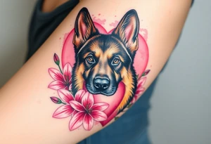 realistic german shepherd looking protective with pink lilies in front of a sacred heart tattoo idea