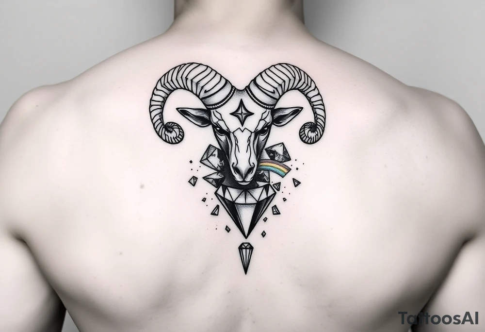 Capricorn ram breaking an unbreakable diamonds that has fragments of rainbow coming of the diamond pieces tattoo idea