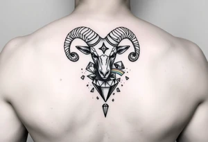 Capricorn ram breaking an unbreakable diamonds that has fragments of rainbow coming of the diamond pieces tattoo idea
