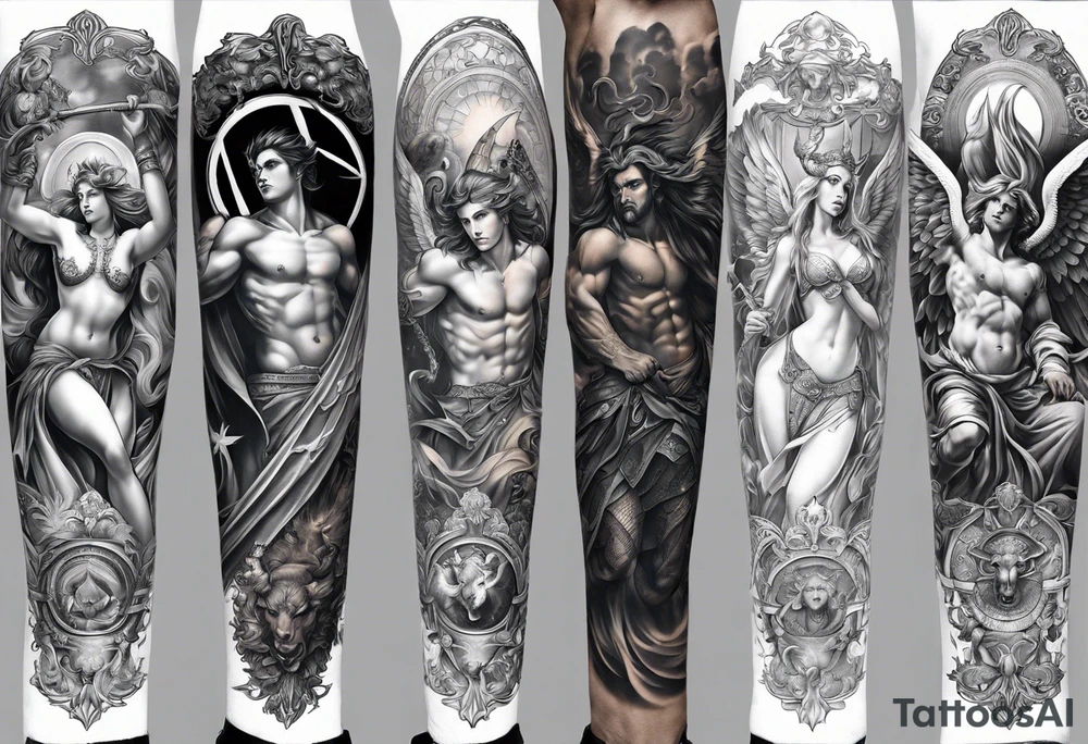 Craft a leg sleeve showcasing a pantheon of angels and demons from various mythologies, each with unique characteristics and symbolism, representing the duality of celestial beings. tattoo idea