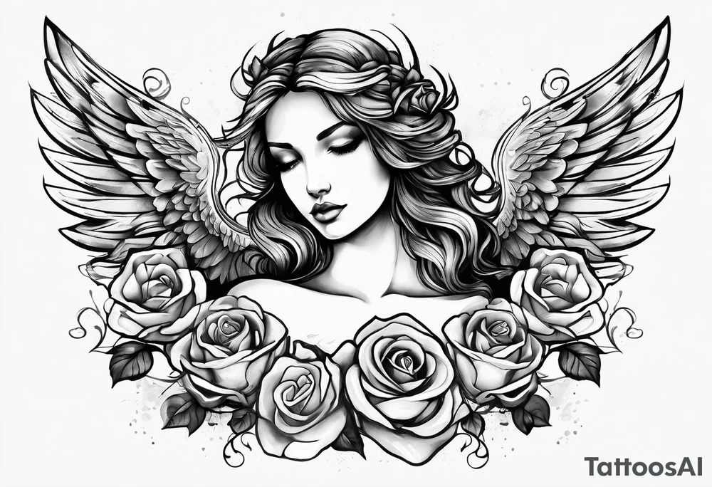 Angel, roses, name MARTINA tattoo idea