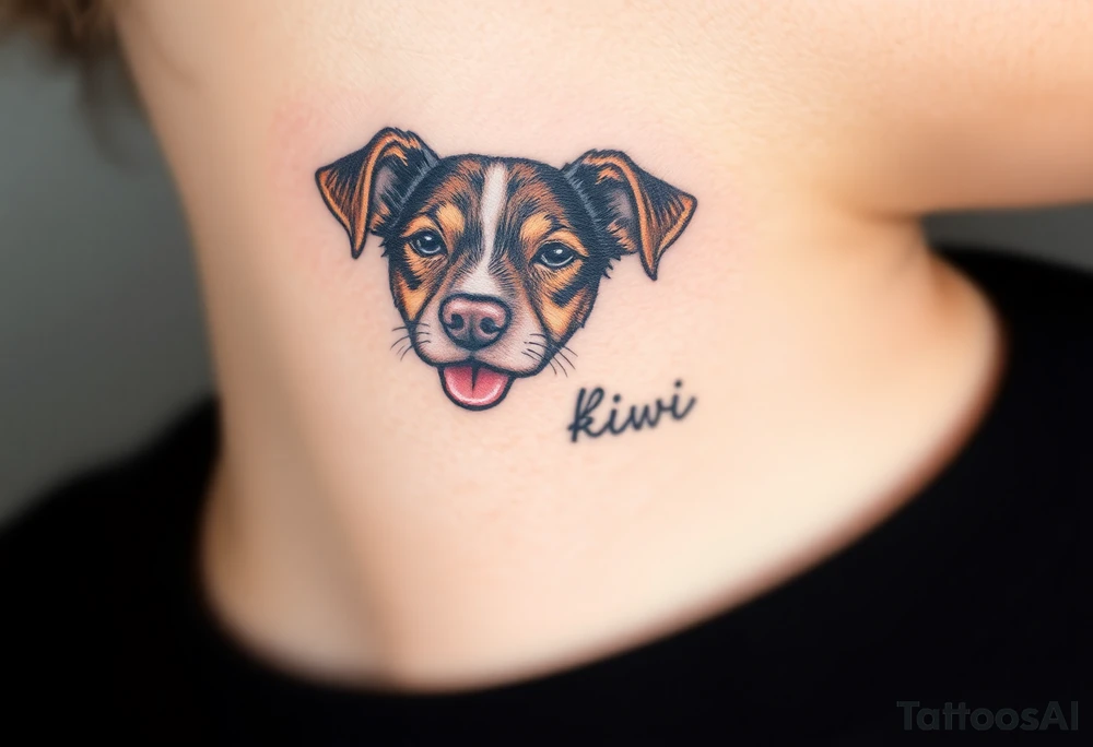 One line tattoo of female dog with white strip going up dog’s snout slightly off centered. Brown brindled and the dogs tongue slightly out with  the name kiwi and Just the colors black  white brown with a small heart near by tattoo idea