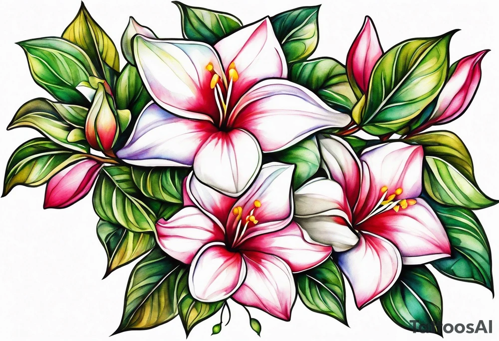 white background, abstract mandevilla flowers on a vine, part of it watercolor, part of it just line work tattoo idea