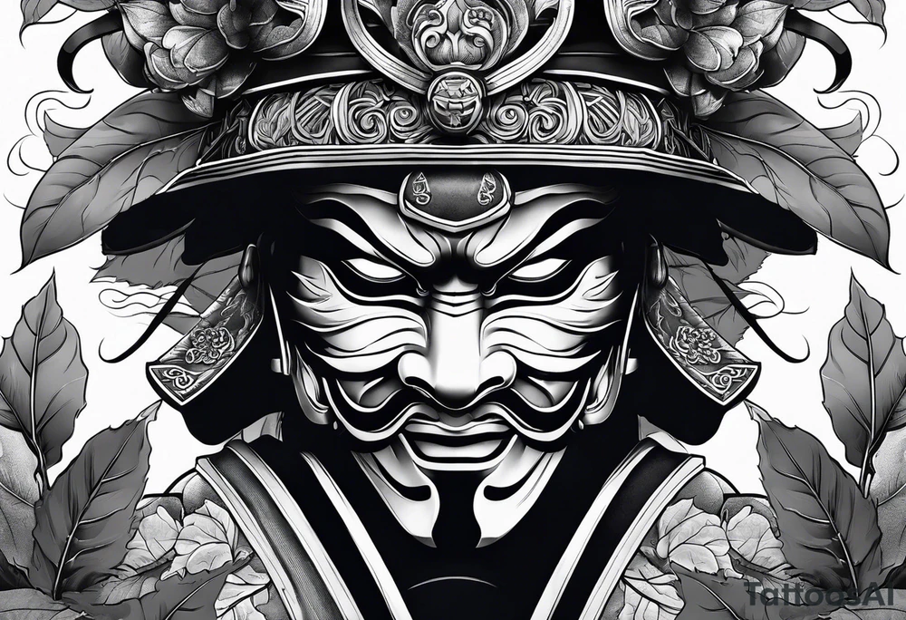 samurai mask with autumn leaves and smoke tattoo idea