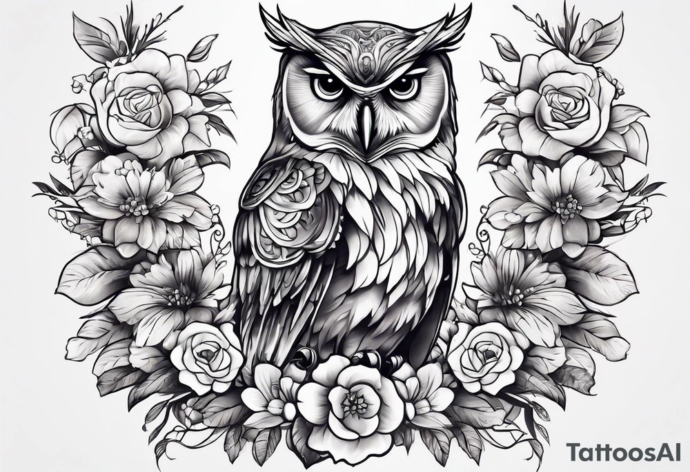 female owl with flowers tattoo idea