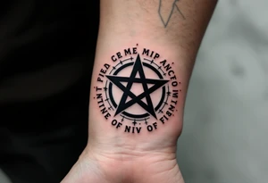 A blackened inverted pentagram - five-pointed star with deep crimson flames, surrounded by ancient runes glowing in dark red. tattoo idea