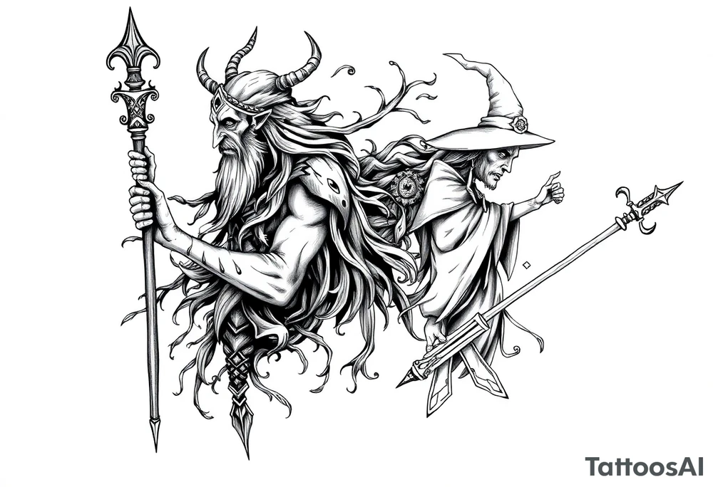 long shaman and witch abstracstyle mytical with ancient rhyme tattoo idea