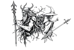 long shaman and witch abstracstyle mytical with ancient rhyme tattoo idea