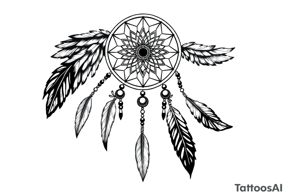native dreamcatcher with flowing feathers and sacred beads tattoo idea
