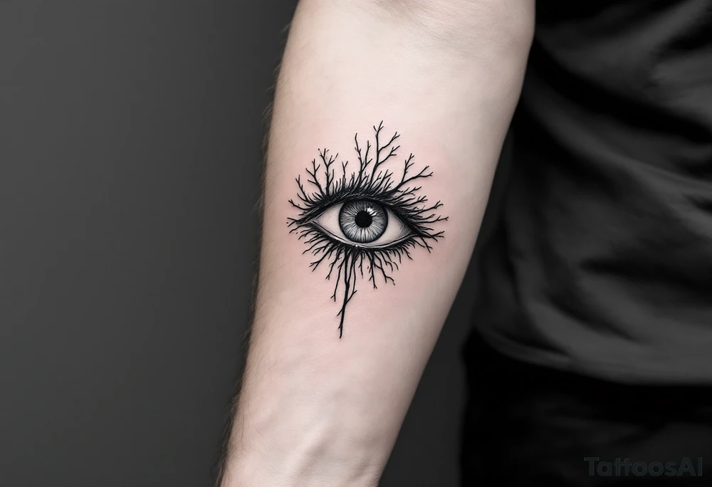 Minimalistic black line tattoo of an eye with its lines extending into tree branches, thin and abstract design. tattoo idea