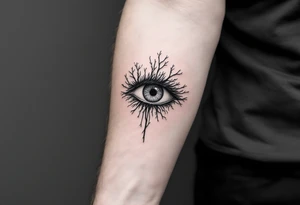 Minimalistic black line tattoo of an eye with its lines extending into tree branches, thin and abstract design. tattoo idea