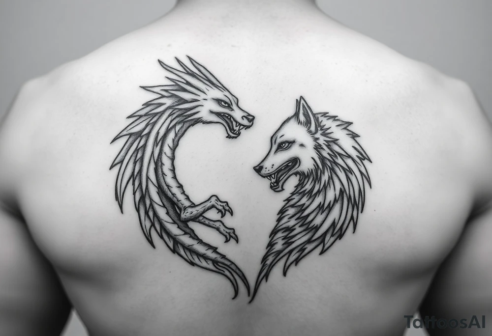 A dragon and a wolf in the shape of a heart tattoo idea