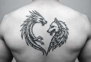 A dragon and a wolf in the shape of a heart tattoo idea