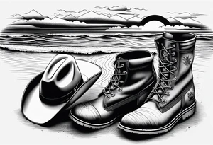 Keep it simple. One pair of timberland boots. One pair of flip flops and a cowboyhat on the Beach. tattoo idea