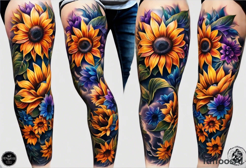 Full leg sleeve with purple, orange and blue sunflowers tattoo idea