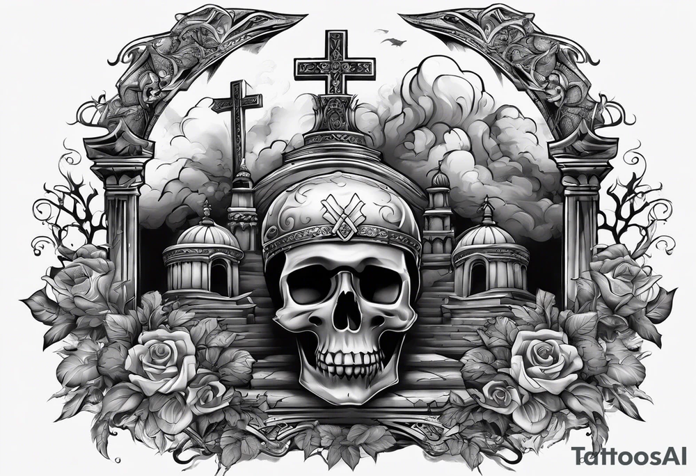 Tomb with smoke and crosses tattoo idea