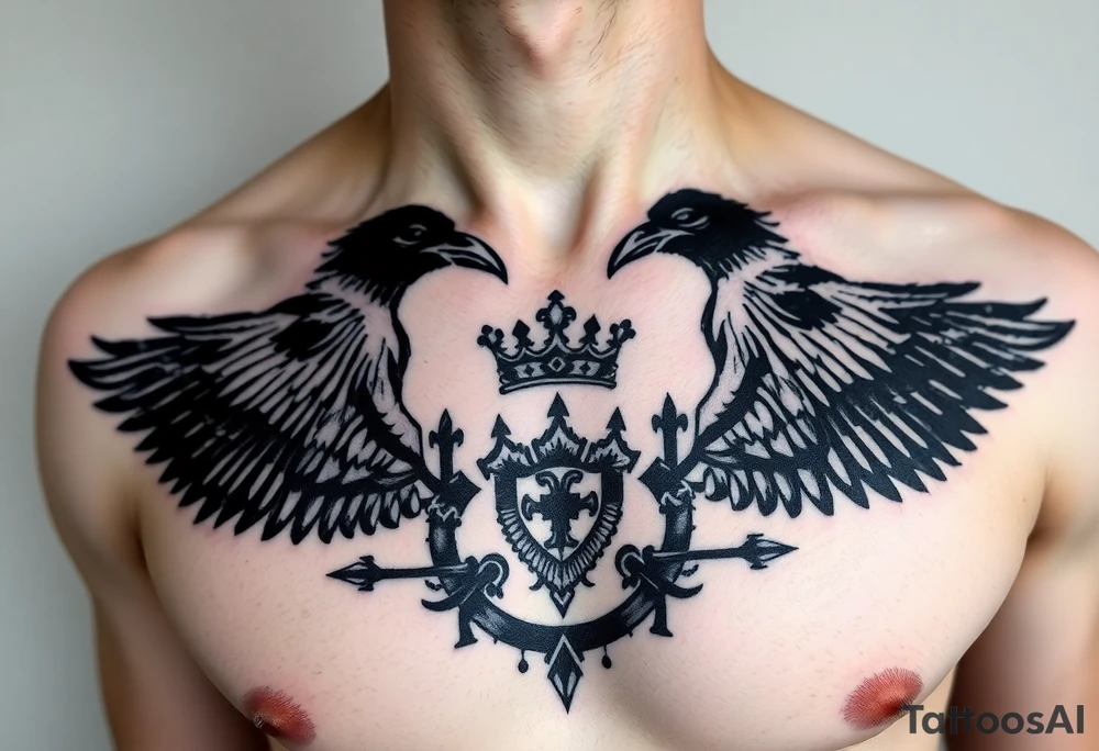 Chest tattoo, two ravens and icelandic symbols, dark brest tattoo, crown betwen ravens tattoo idea