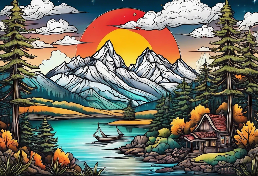 Mountains rivers trees tattoo idea
