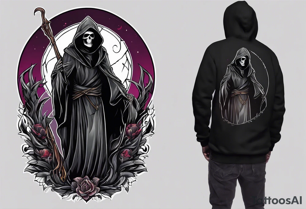 A full body grim reaper with his hood completely off, a halo above his head. tattoo idea